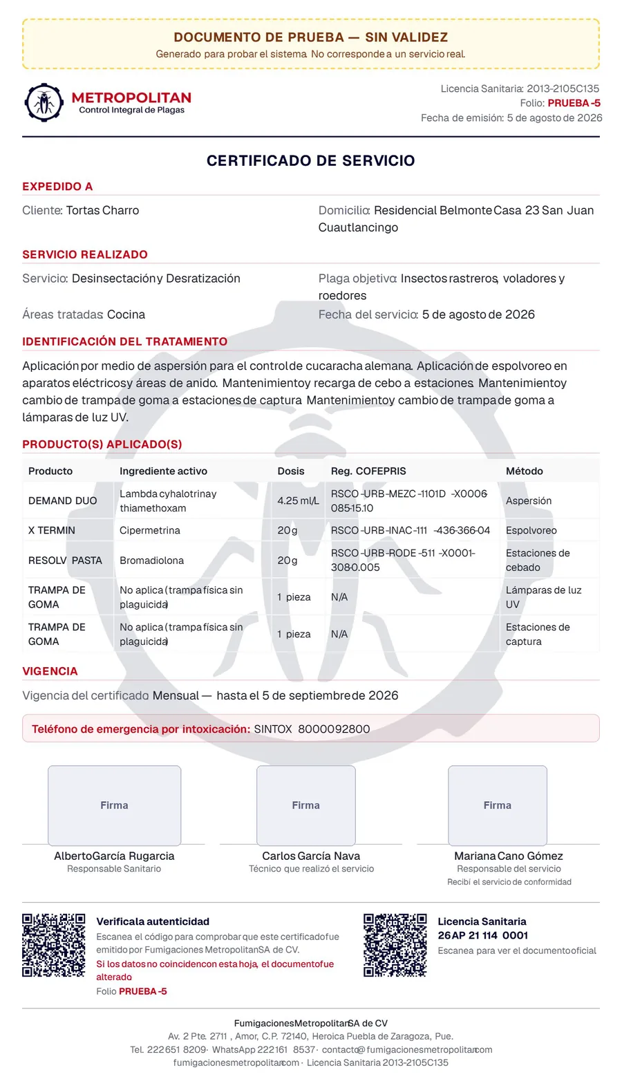 Ejemplo de certificado de servicio de Fumigaciones Metropolitan de un cliente de prueba, con su código QR de autenticidad y el QR de la Licencia Sanitaria