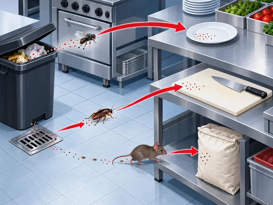 Infografía sobre cómo cucarachas, moscas y roedores contaminan alimentos y superficies