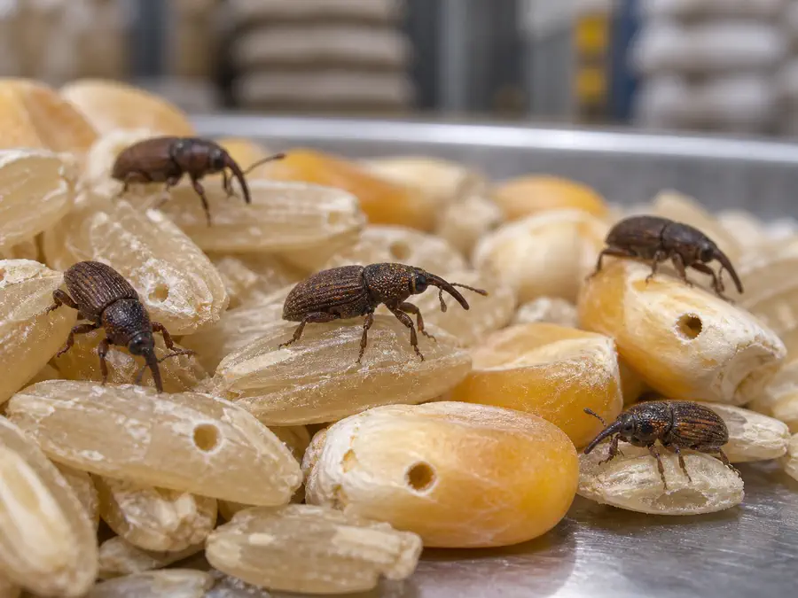 Gorgojos adultos y orificios de salida en granos de arroz y maíz almacenados
